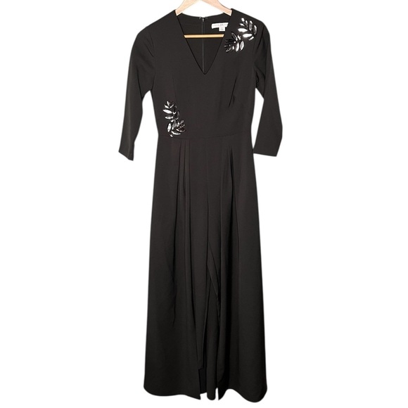 Kay Unger Margherita Stretch Crepe Walk Thru Jumpsuit Art Deco Beading - Picture 2 of 12